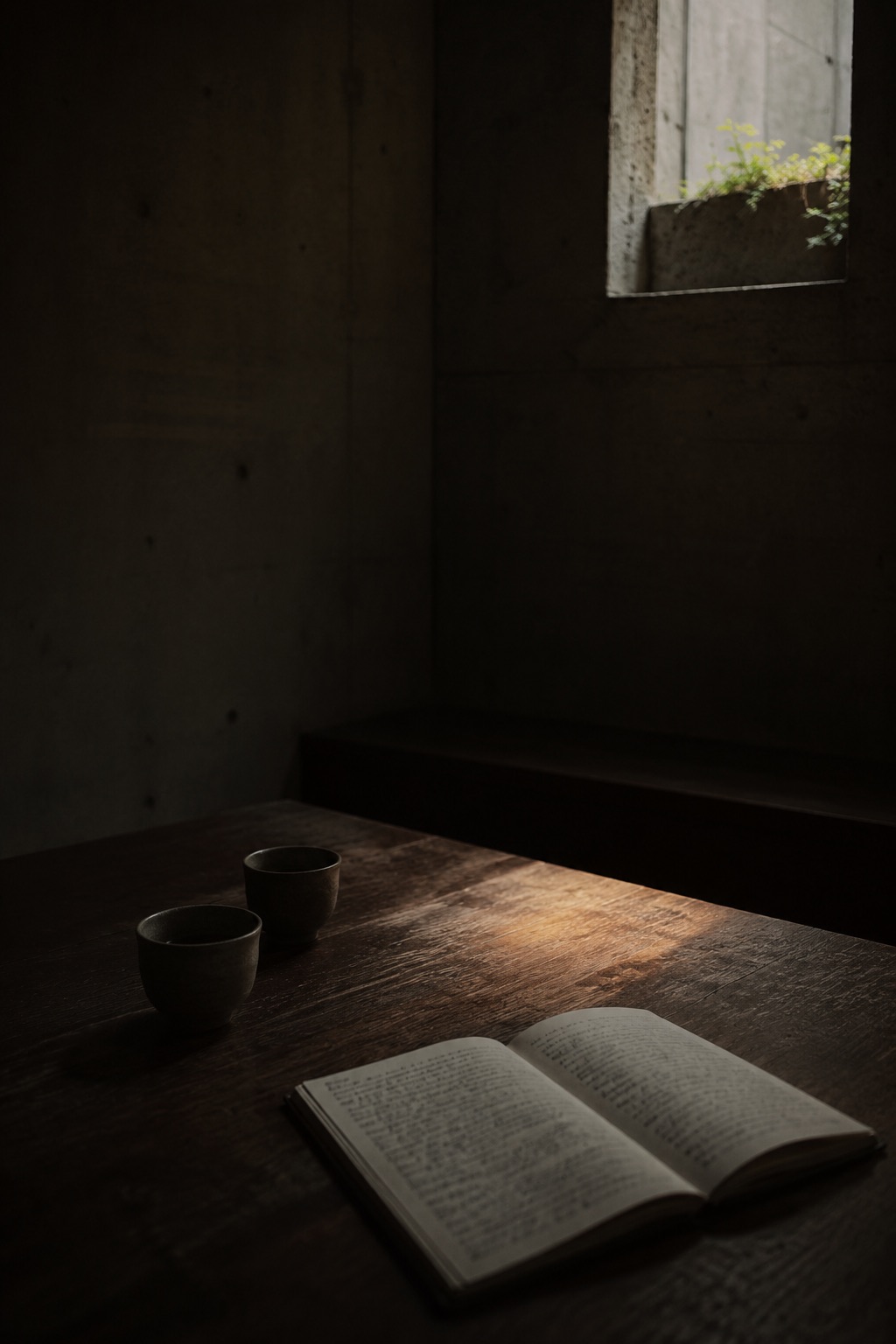 対話のあと。二つの湯呑みと、書き込まれたノートに落ちる光